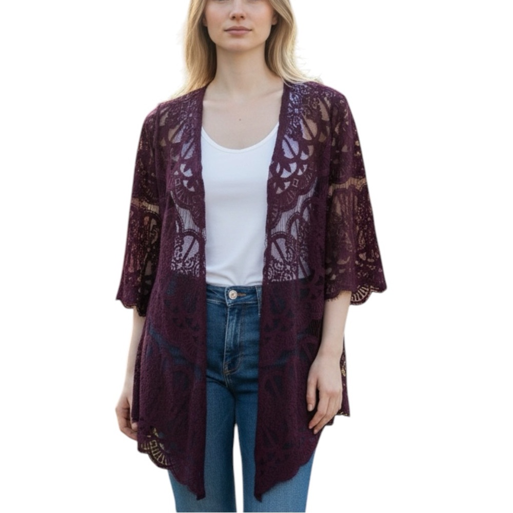 Indigo Thread Co. Burgundy Lace Duster w/ Bell Sleeves - Extra Small